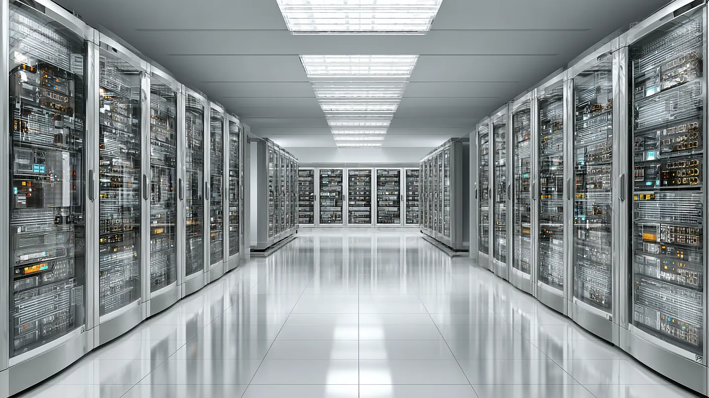 整列したサーバーラックが並ぶデータセンターの通路