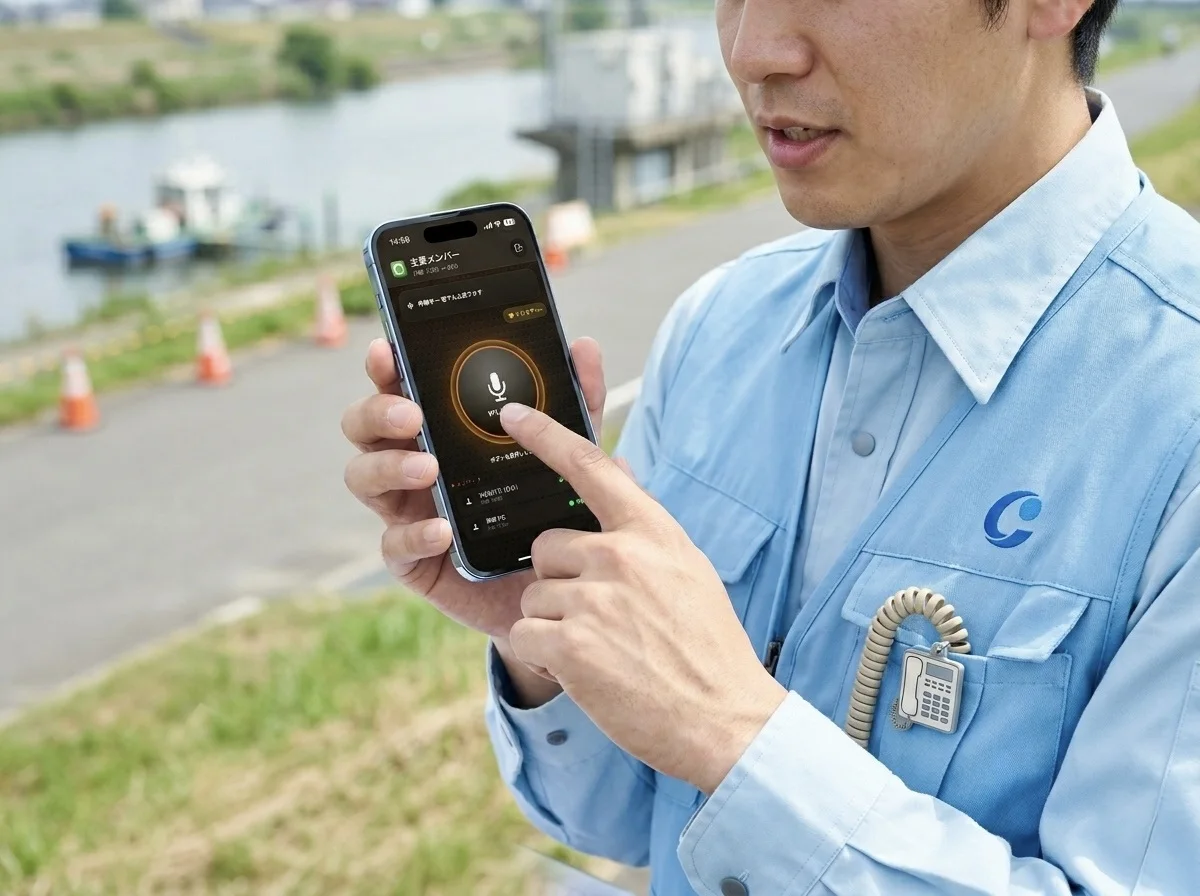 屋外の巡回現場でAGEphone PTTを操作する様子