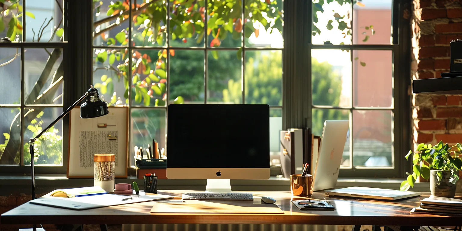 窓辺のデスクに置かれたデスクトップPCとノートPC